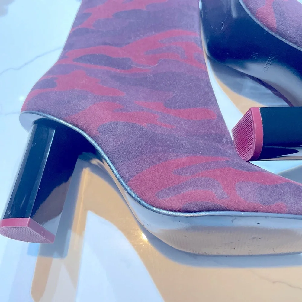 SOLD 🌸3 for $30 NWOT TOPSHOP Velvet Ankle Boots- Size 38 Camo  trendy Heel - Picture 5 of 15